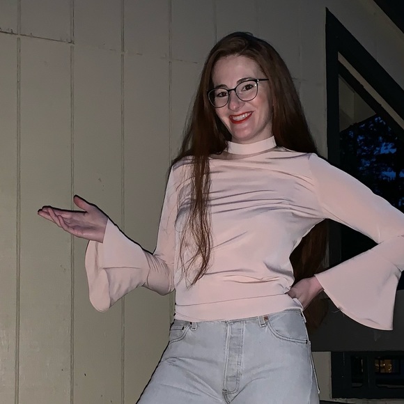 Darphin blush pink high neck boho bellsleeve chiffon blouse Sz S business casual - Picture 10 of 10